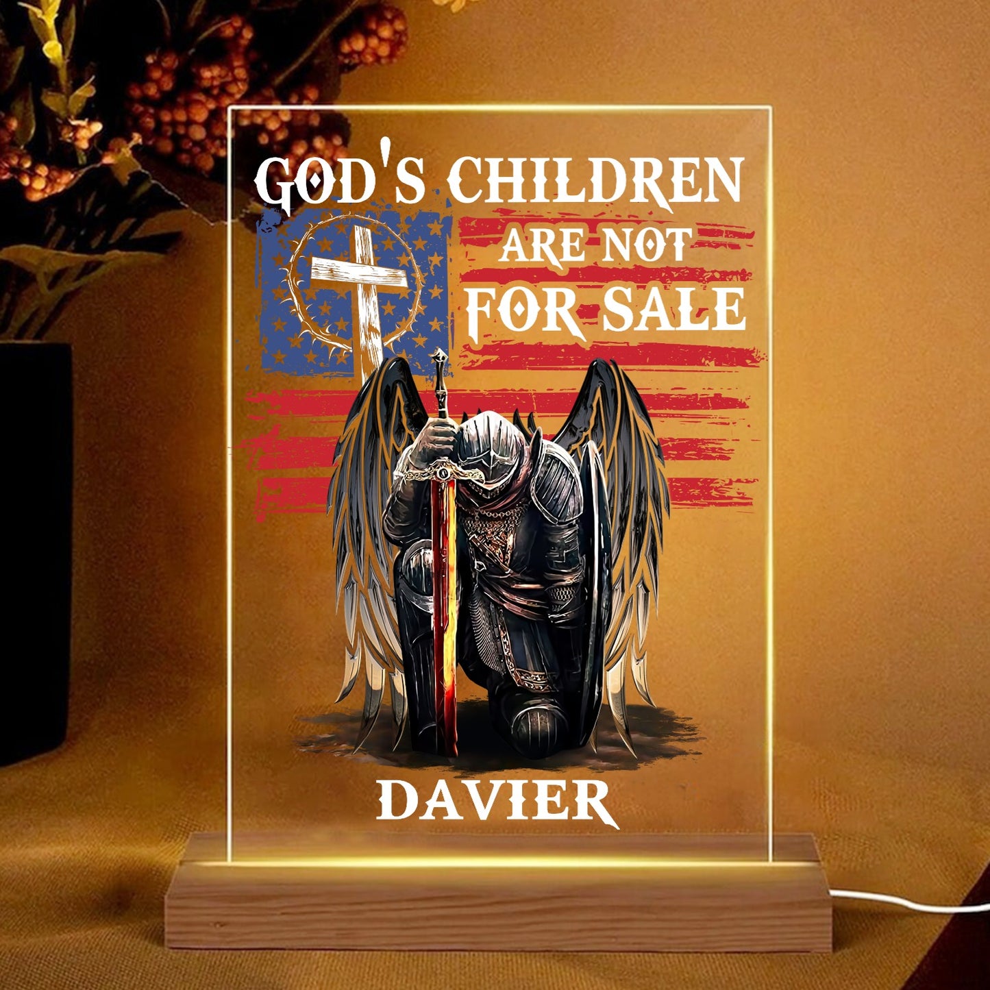 Personalized Man Warrior God Is Children Are Not For Sale Acrylic Plaque LED Light Night