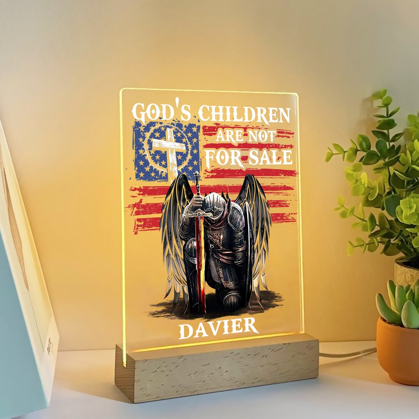 Personalized Man Warrior God Is Children Are Not For Sale Acrylic Plaque LED Light Night