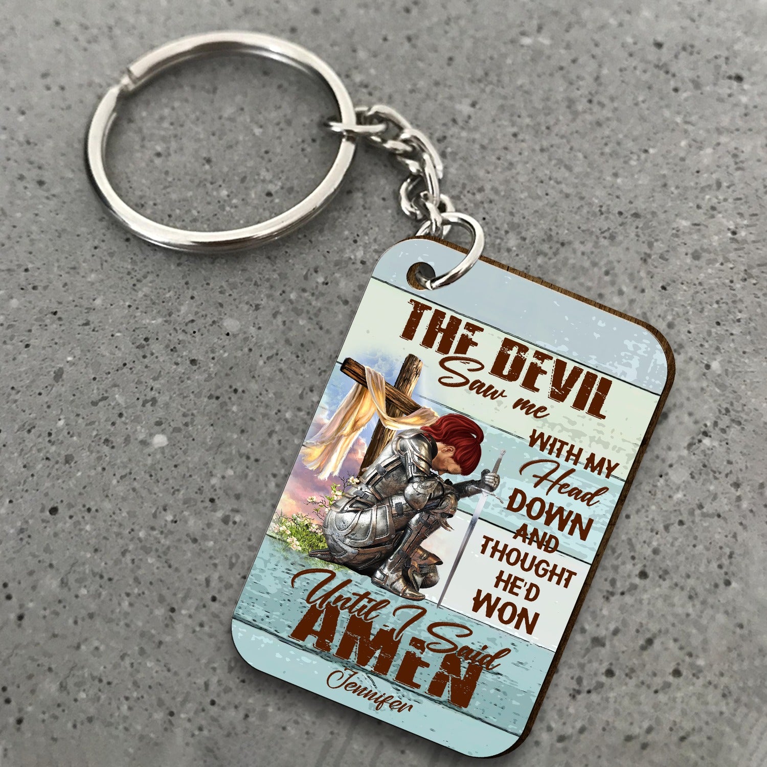 Personalized Woman Warrior Of God The Devil Saw Me With My Head Down And Though He Would Won Until I Said Amen Wooden Keychain