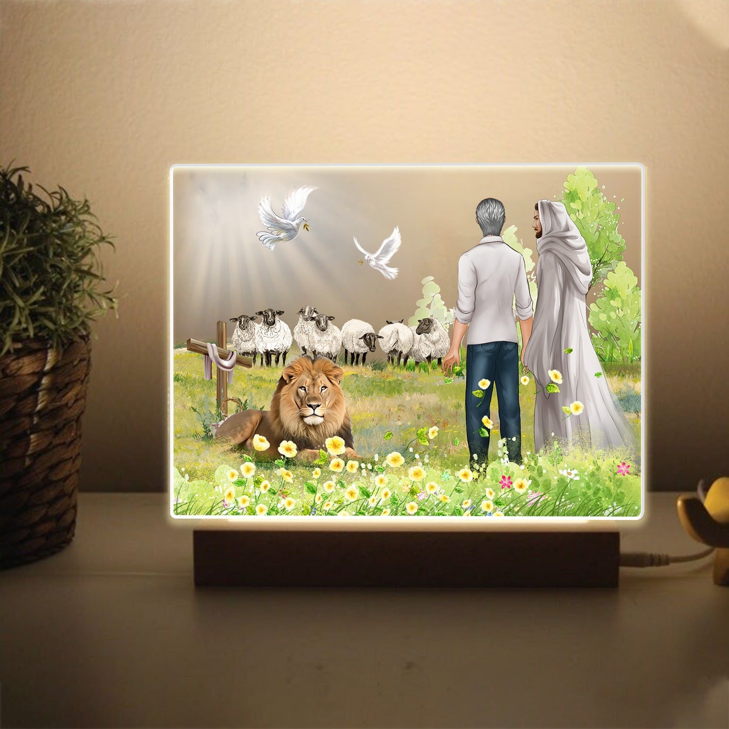 Personalized Man Walking With Jesus Among Lion The Lambs Acrylic LED Light Night