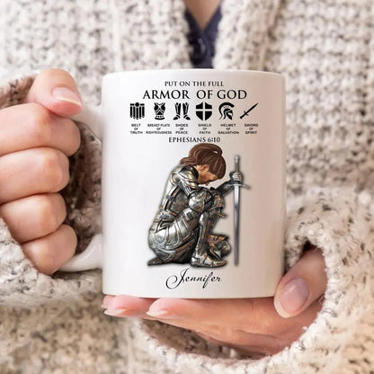 Personalized Custom Name, Skin Tone And Hairstyles Woman Warrior of God Put On The Full Armor of God Ephesians 6-10 White Edge-to-Edge Mug