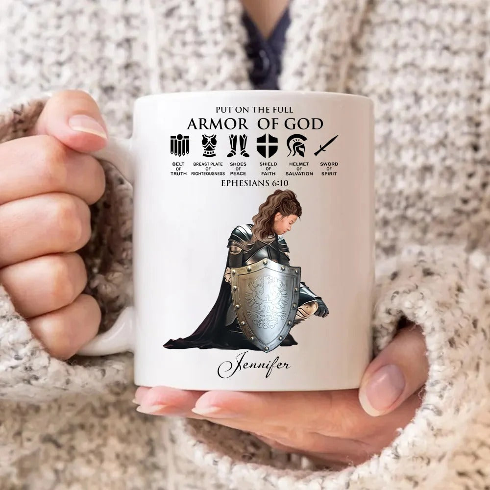 Personalized Custom Name, Skin Tone And Hairstyles Woman Warrior of God Put On The Full Armor of God Ephesians 6-10 White Edge-to-Edge Mug