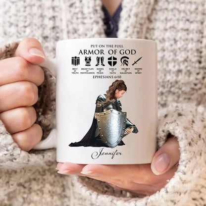 Personalized Custom Name, Skin Tone And Hairstyles Woman Warrior of God Put On The Full Armor of God Ephesians 6-10 White Edge-to-Edge Mug