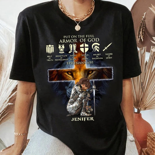 Personalized Custom Name, Skin Tone And Hairstyles Woman Warrior Of God Put On The Full Armor Of God Ephesians 6:10 Standard T-Shirt