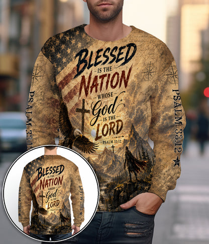Blessed Is The Nation Whose God Is The Lord Psalm 33:12 Christian American Flag 3D All Over Print T-Shirt And Hoodie
