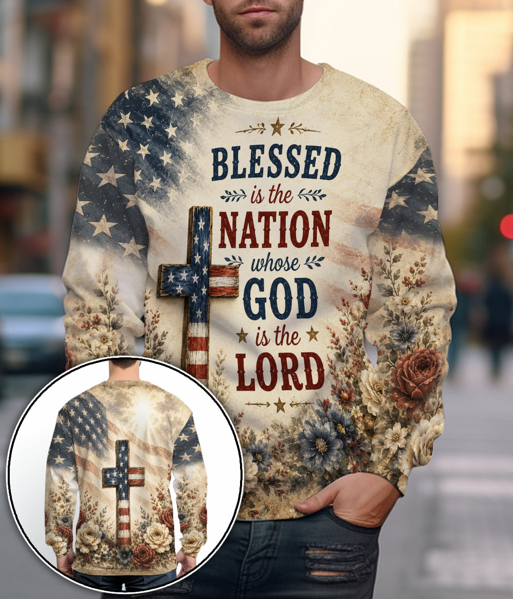 Blessed Is The Nation Whose God Is The Lord Christian Patriotic American Flag Cross 3D All Over Print T-Shirt And Hoodie