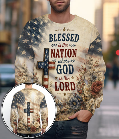 Blessed Is The Nation Whose God Is The Lord Christian Patriotic American Flag Cross 3D All Over Print T-Shirt And Hoodie