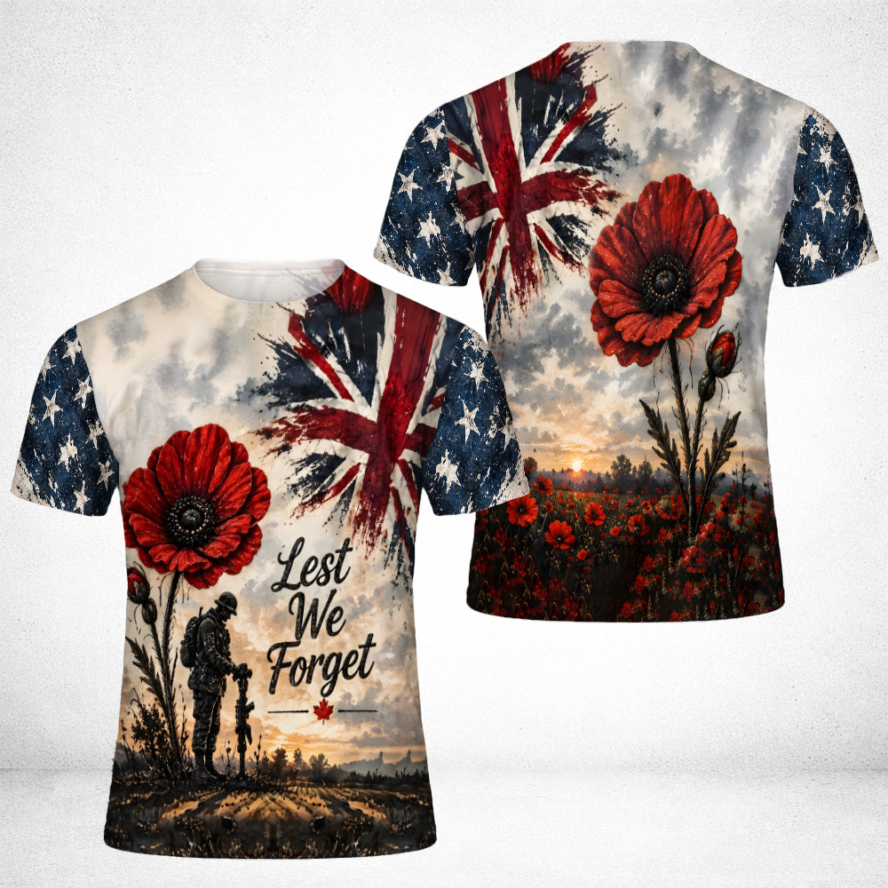 Veteran Lest We Forget Poppy Remembrance British Flag 3D All Over Print T-Shirt And Hoodie