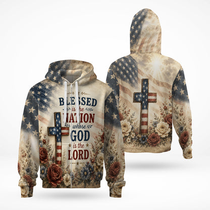 Blessed Is The Nation Whose God Is The Lord Christian Patriotic American Flag Cross 3D All Over Print T-Shirt And Hoodie
