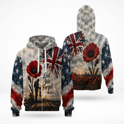 Veteran Lest We Forget Poppy Remembrance British Flag 3D All Over Print T-Shirt And Hoodie