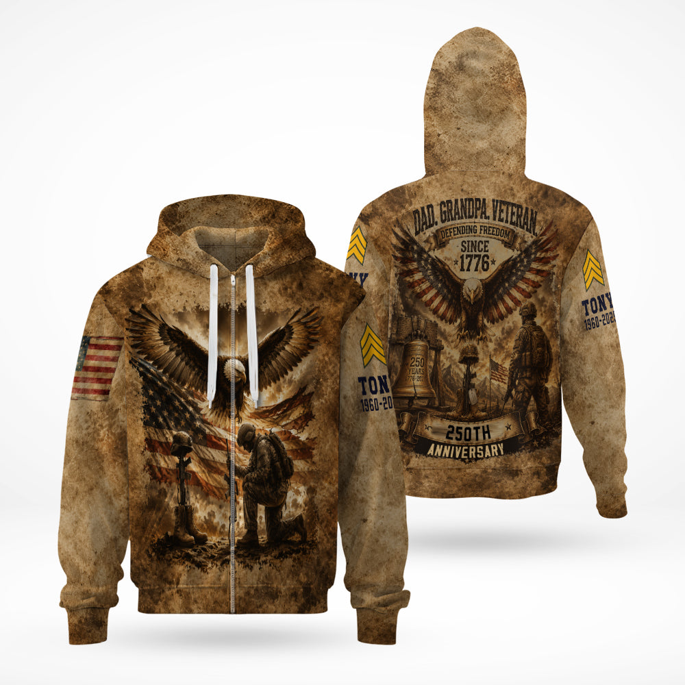 Personalized Dad Grandpa Veteran Defending Freedom 250th Anniversary 3D All Over Print T-Shirt And Hoodie