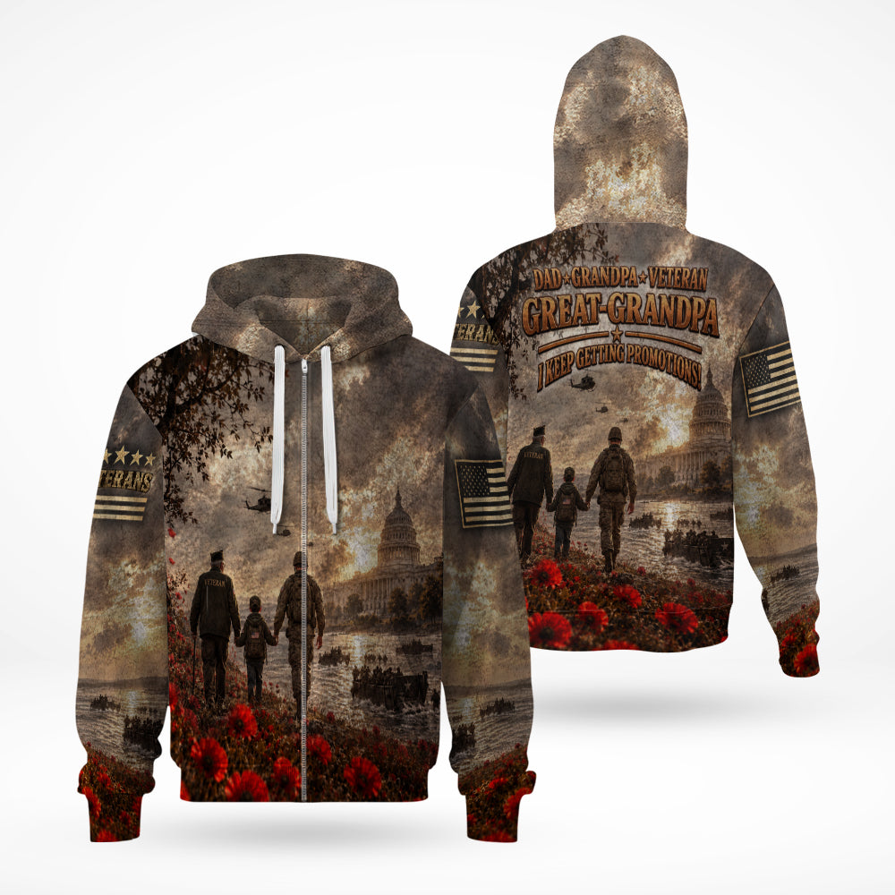 Dad Grandpa Veteran Great Grandpa I Keep Getting Promotions 3D All Over Print T-Shirt And Hoodie
