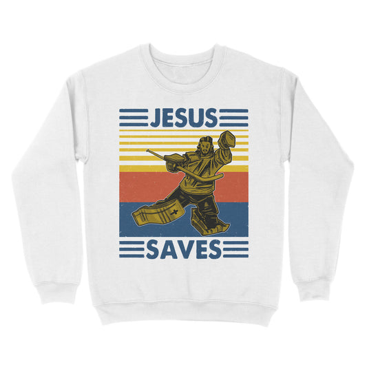 Jesus Saves Funny Vintage Hockey Ice Hockey Standard Crew Neck Sweatshirt