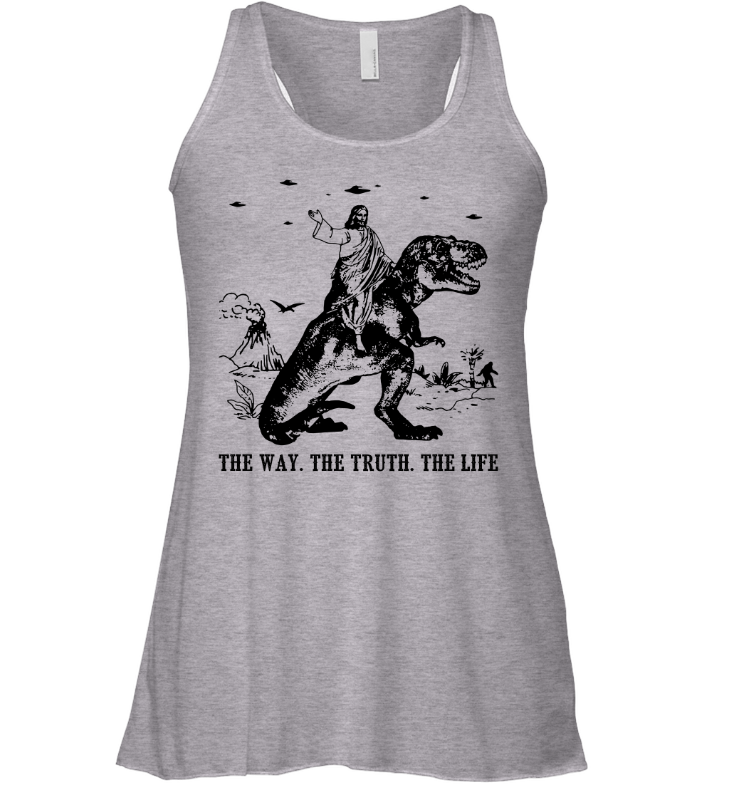 Jesus Riding Dinosaur The Way. The Truth. The Life Racerback Tank