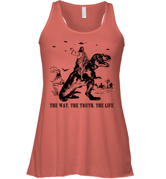 Jesus Riding Dinosaur The Way. The Truth. The Life Racerback Tank