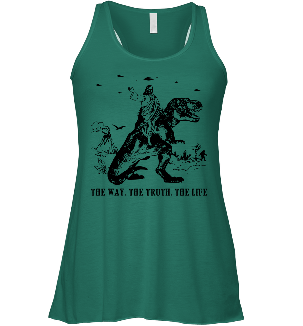 Jesus Riding Dinosaur The Way. The Truth. The Life Racerback Tank