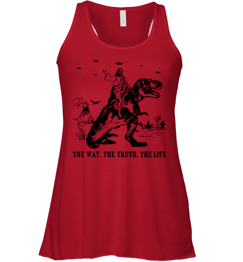 Jesus Riding Dinosaur The Way. The Truth. The Life Racerback Tank