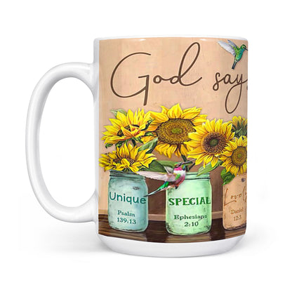 God says you are Unique special lovely precious strong chosen Sunflower White Edge-to-Edge Mug