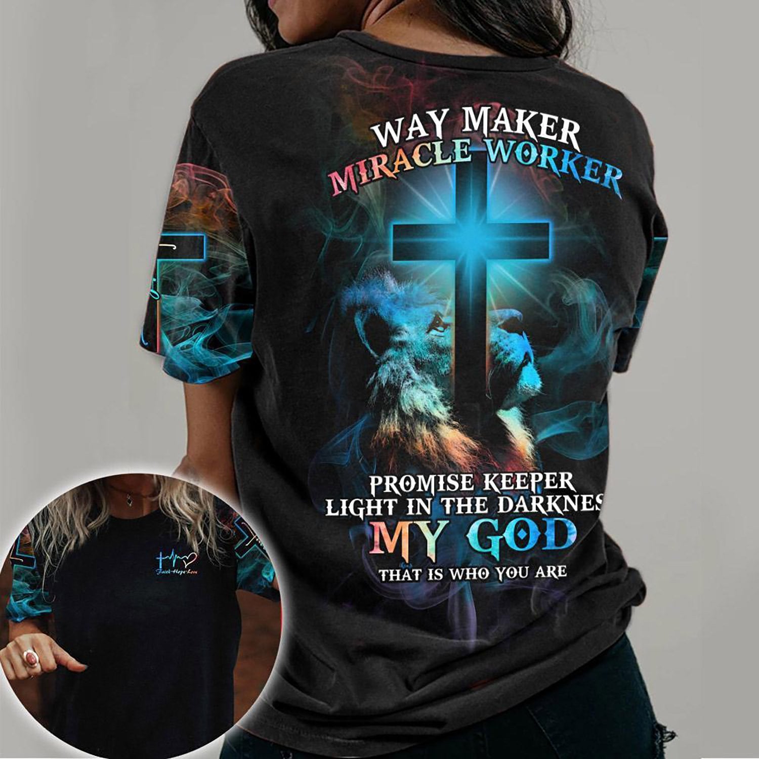 Lion Cross Light Way Maker Miracle Worker Faith Hope Love 3D All Over Print