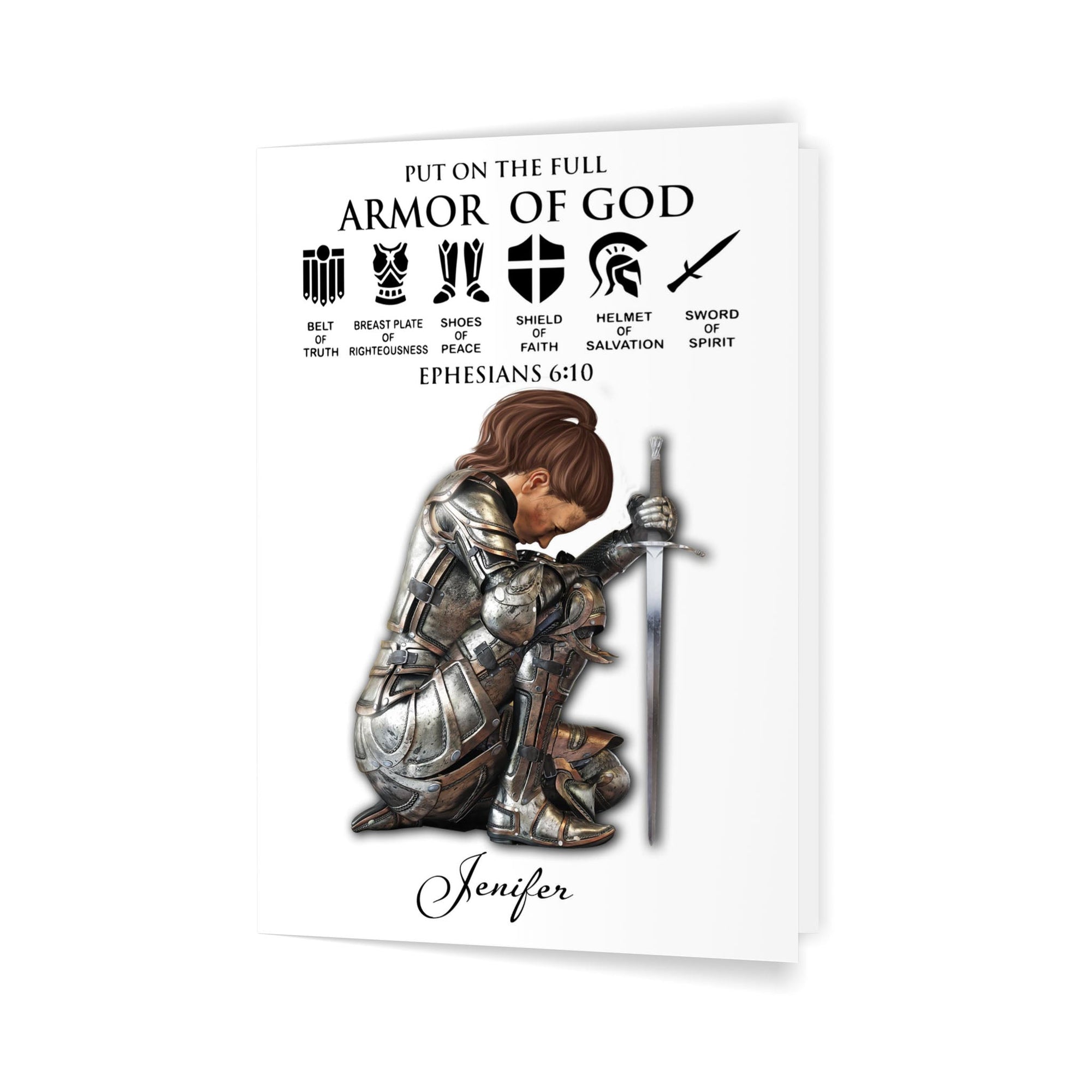 Personalized Custom Name, Skin Tone And Hairstyles Woman Warrior of God Put On The Full Armor of God Ephesians 6-10 Folded Greeting Card