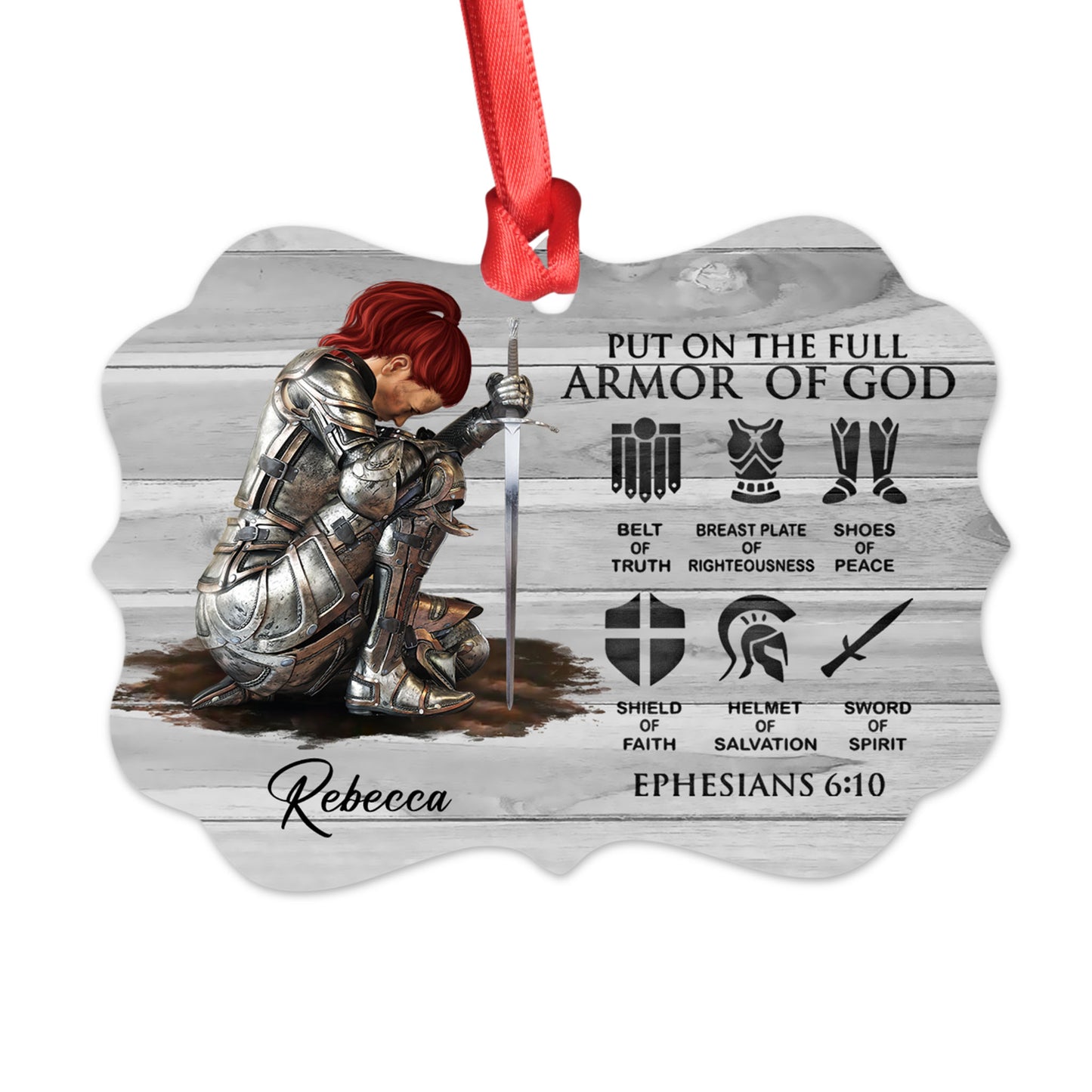 Personalized Custom Name, Skin Tone And Hairstyles Woman Warrior Of God Put On The Full Armor of God Ephesians 6-10 Medallion Metal Ornament