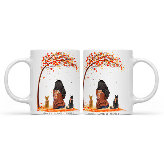 Personalized Girl And Cats White Edge-to-Edge Mug Set (11oz)