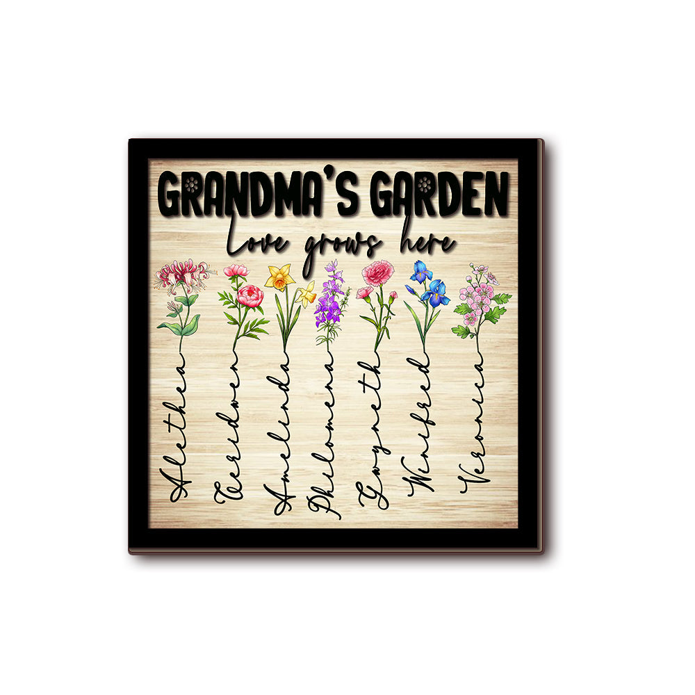 Personalized Grandma's Garden, Custom Birth Month Flower Family Love Grows Here 2 Layers Wooden Plaque