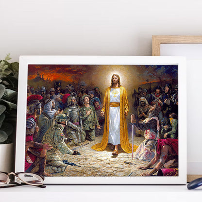 Jesus Christ Soldiers Praying Before The Lord for The Sins Committed Canvas Prints And Poster