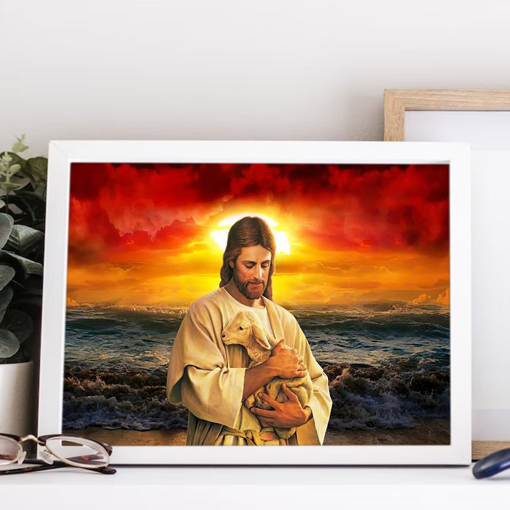 God Jesus Holding A Lamb In The Sea Canvas Prints And Poster