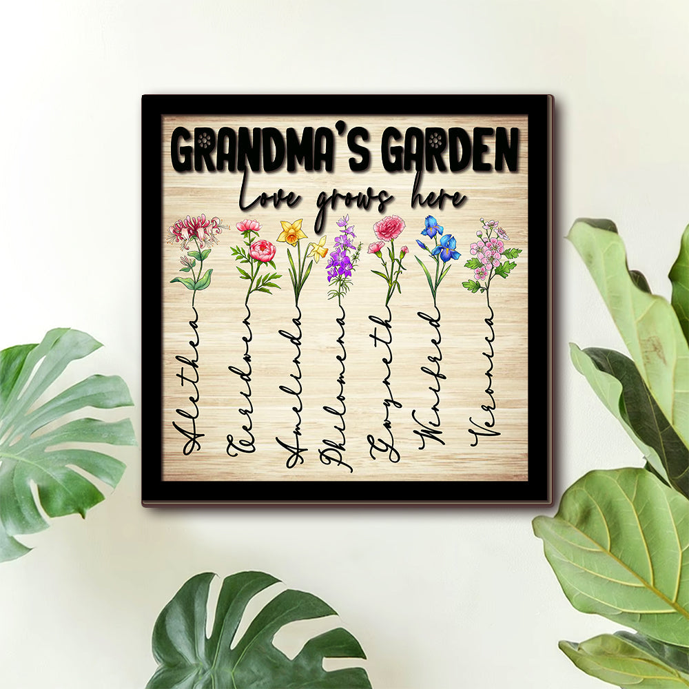 Personalized Grandma's Garden, Custom Birth Month Flower Family Love Grows Here 2 Layers Wooden Plaque