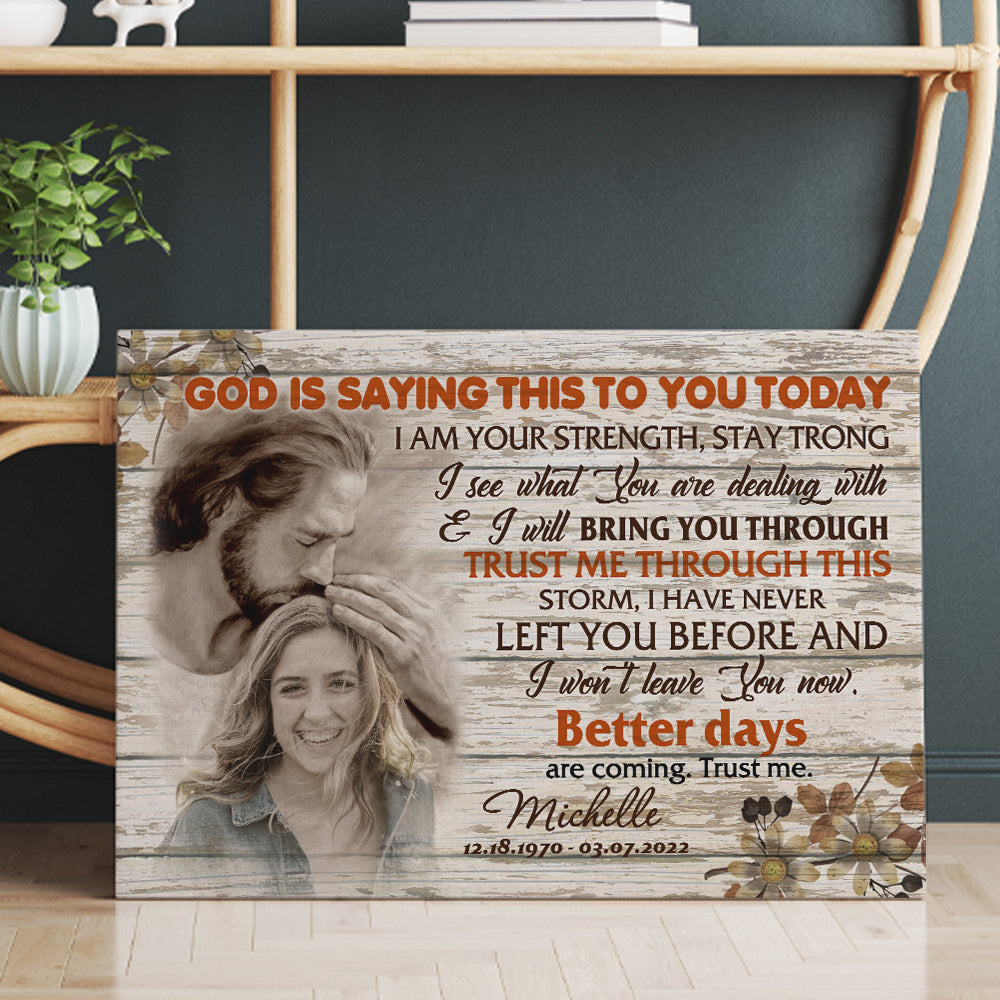 Personalized Photo Memorial God Is Saying This To You Today...I Am Your Strength Stay Strong Safe In God Is Hand Canvas Prints And Poster