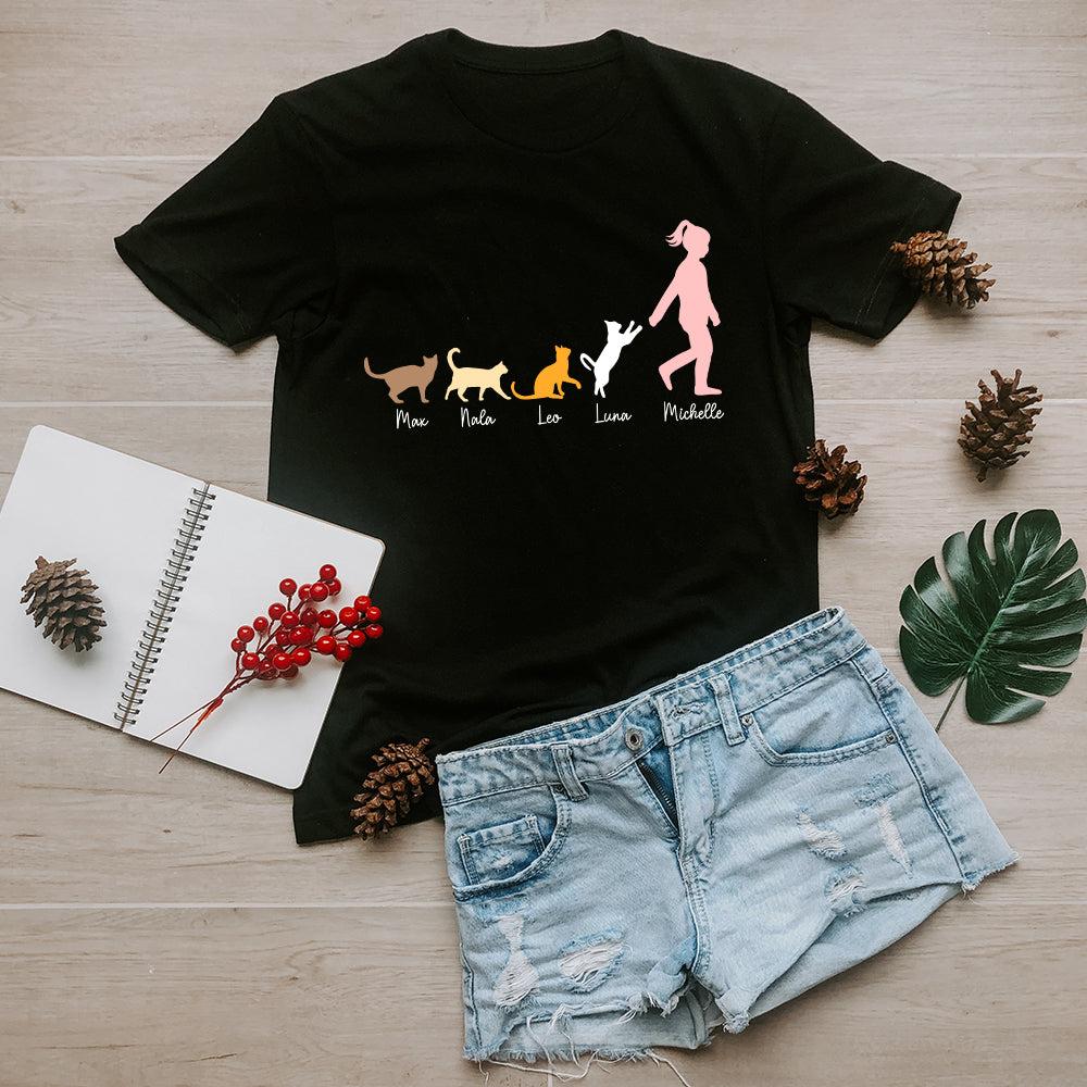 Personalized Cat Mom Walking With Cats T-Shirt