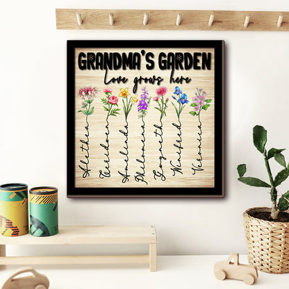 Personalized Grandma's Garden, Custom Birth Month Flower Family Love Grows Here 2 Layers Wooden Plaque