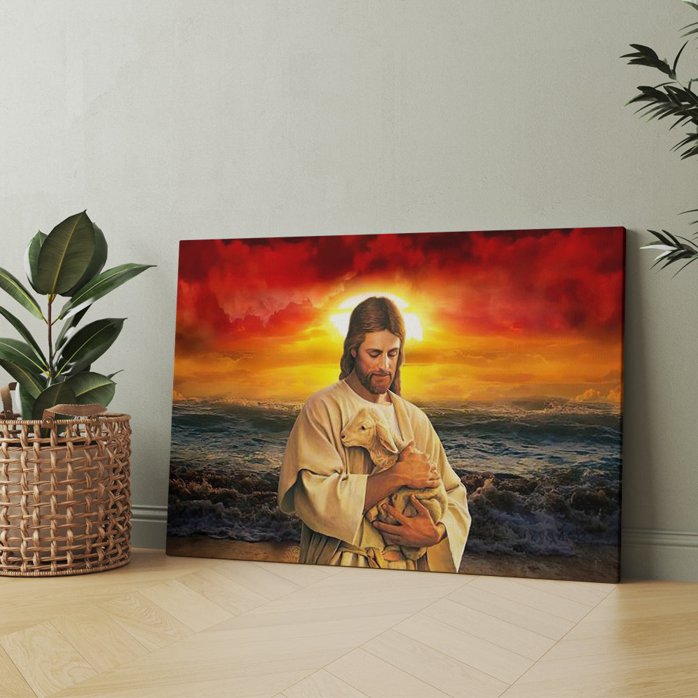 God Jesus Holding A Lamb In The Sea Canvas Prints And Poster