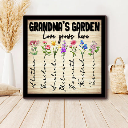 Personalized Grandma's Garden, Custom Birth Month Flower Family Love Grows Here 2 Layers Wooden Plaque