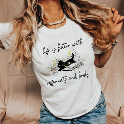 Life Is Better With Coffee Cats And Books Cat T-Shirt