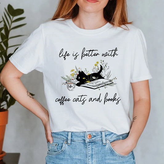 Life Is Better With Coffee Cats And Books Cat T-Shirt