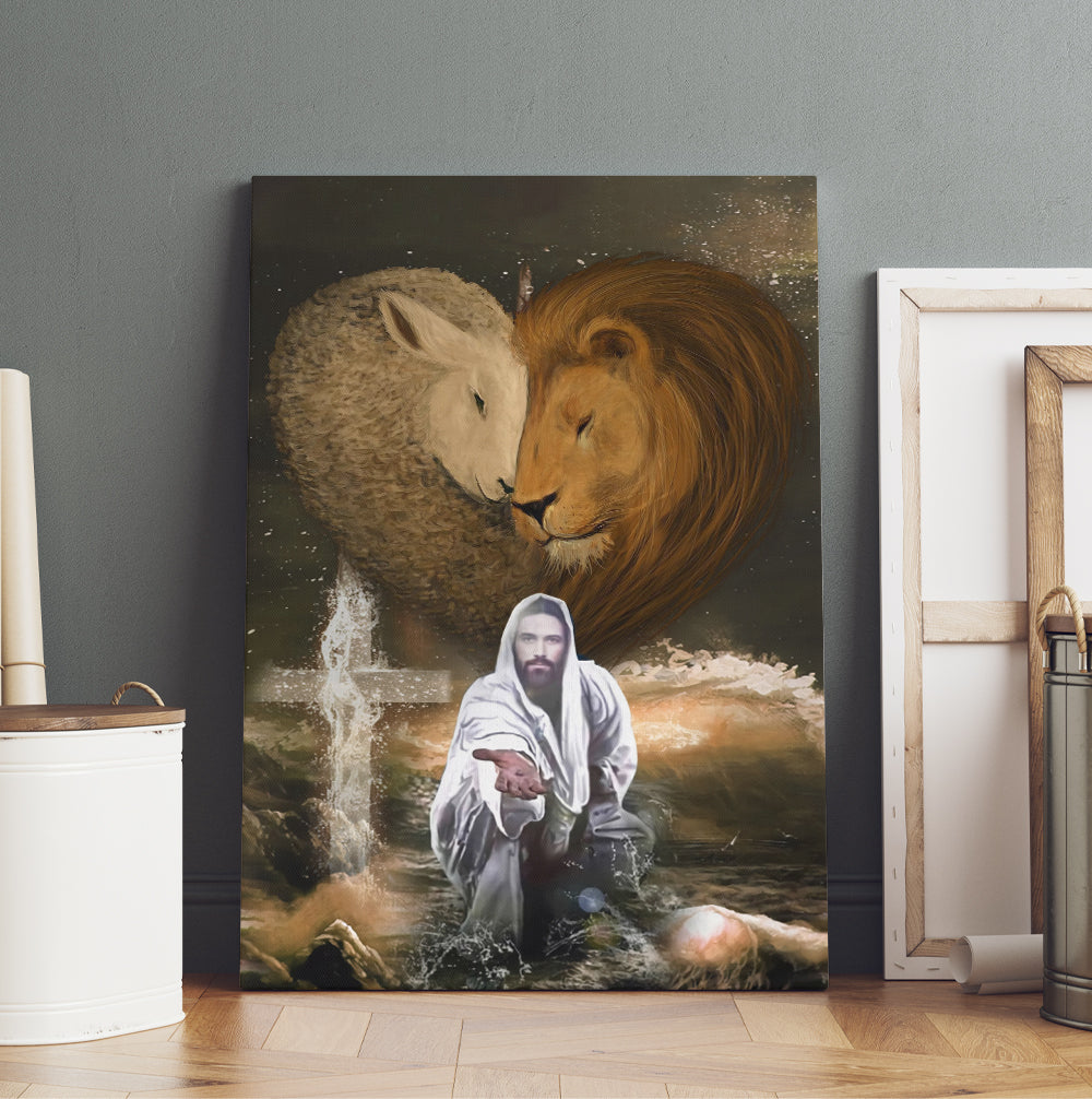 Jesus Lion And Lamb, Jesus Outstretched Hands Saves Canvas Prints