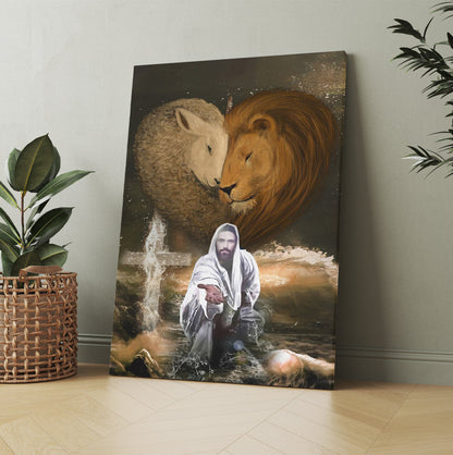 Jesus Lion And Lamb, Jesus Outstretched Hands Saves Canvas Prints