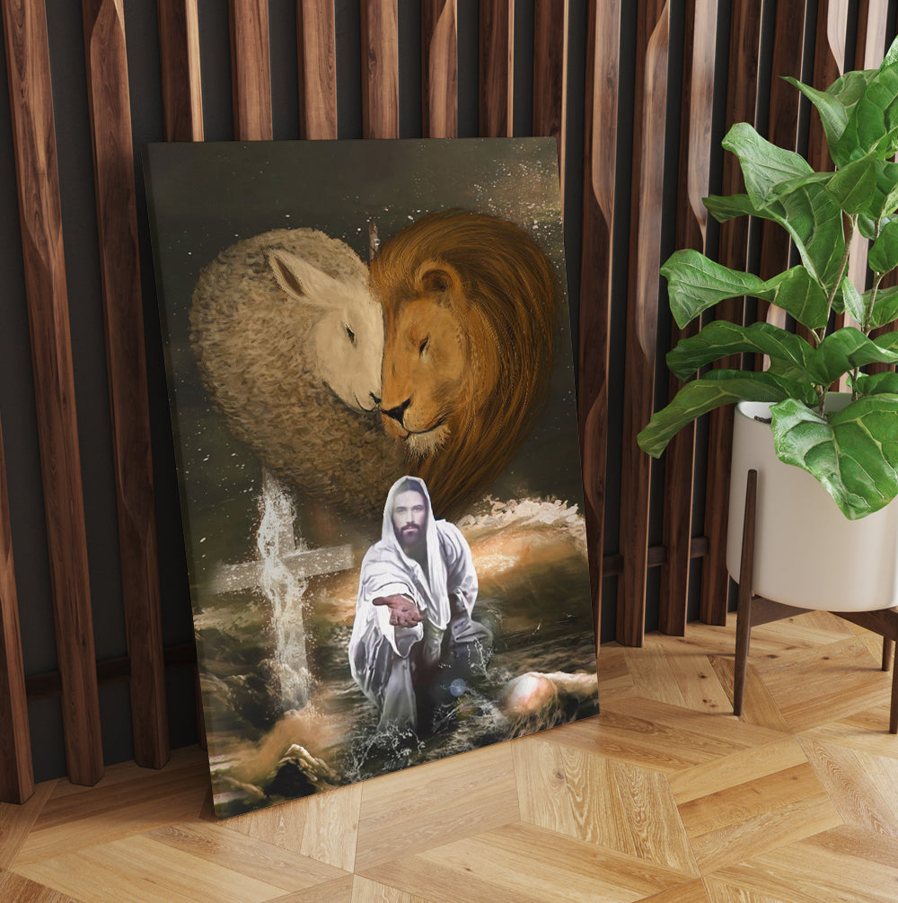 Jesus Lion And Lamb, Jesus Outstretched Hands Saves Canvas Prints