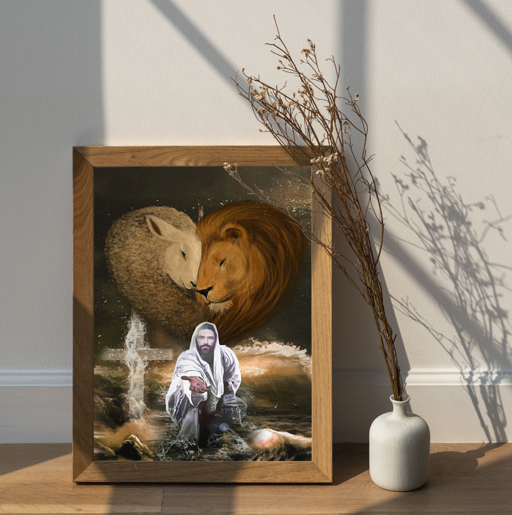 Jesus Lion And Lamb, Jesus Outstretched Hands Saves Canvas Prints