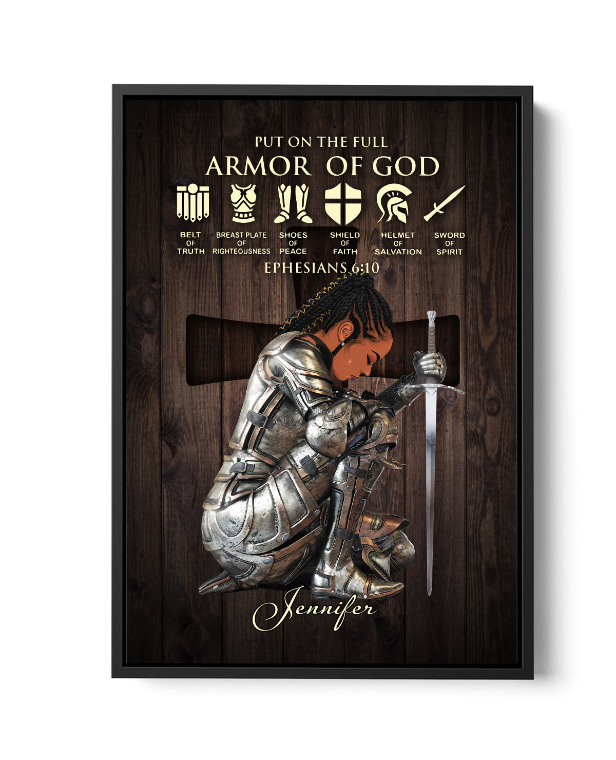 Personalized Black Woman Warrior Of God Put On The Full Armor of God Ephesians 6-10 Framed Matte Canvas