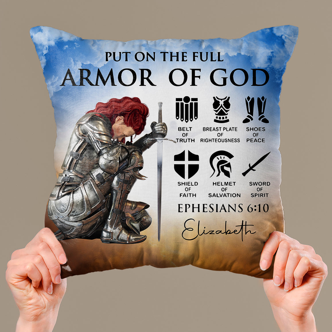 Personalized Custom Name, Skin Tone And Hairstyles Woman Warrior of God Put On The Full Armor of God Ephesians 6-10 Linen Throw Pillow