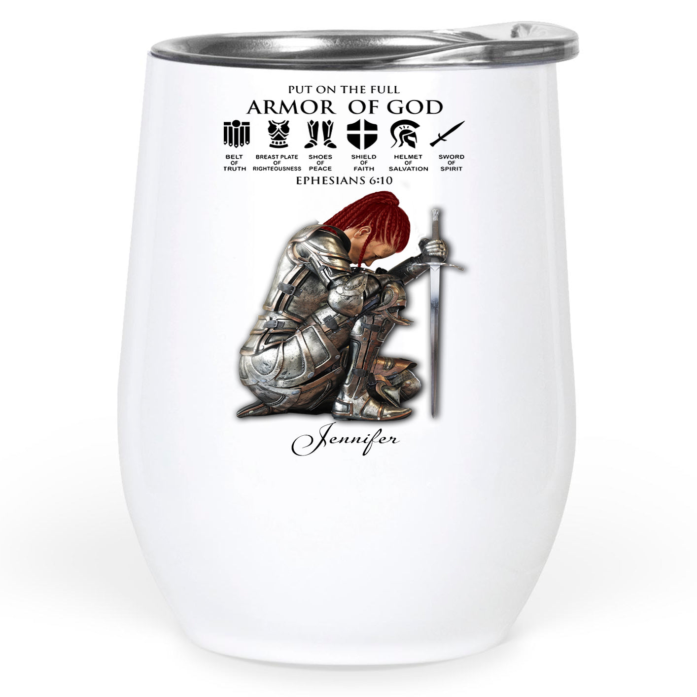 Personalized Custom Name, Skin Tone And Hairstyles Woman Warrior of God Put On The Full Armor of God Ephesians 6-10 Wine Tumbler