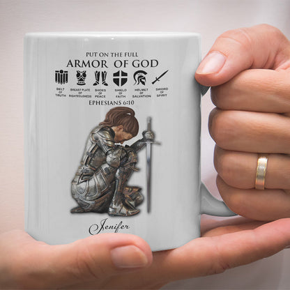 Personalized Custom Name, Skin Tone And Hairstyles Woman Warrior of God Put On The Full Armor of God Ephesians 6-10 White Mug