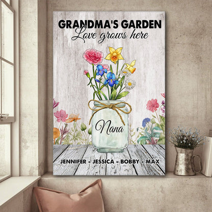 Personalized Grandma's Garden Custom Birth Month Flower Family Love Grows Here Poster Canvas