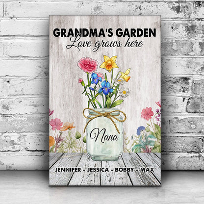 Personalized Grandma's Garden Custom Birth Month Flower Family Love Grows Here Poster Canvas