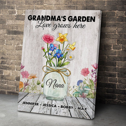 Personalized Grandma's Garden Custom Birth Month Flower Family Love Grows Here Poster Canvas