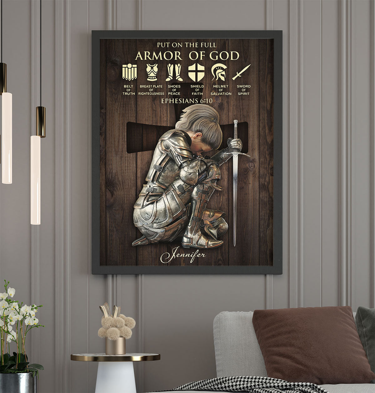 Personalized Woman Warrior Of God Put On The Full Armor of God Ephesians 6-10 Framed Matte Canvas