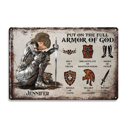 Personalized Custom Name, Skin Tone And Hairstyles Woman Warrior Of God of God Put On The Full Armor of God Ephesians 6-10 Metal Sign Metal Sign